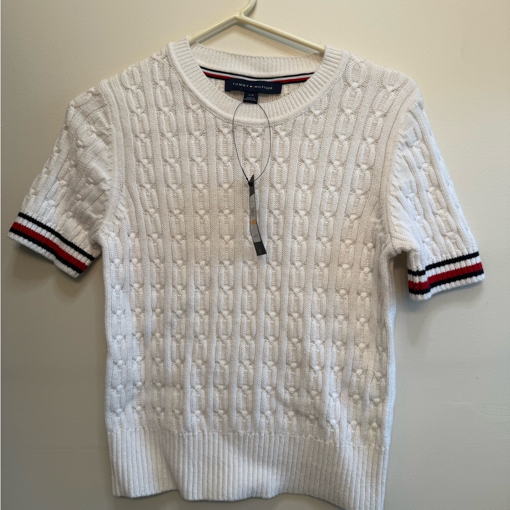 Tommy Hilfiger White Cable Knit Short Sleeve Sweater with Red & Navy Trim
